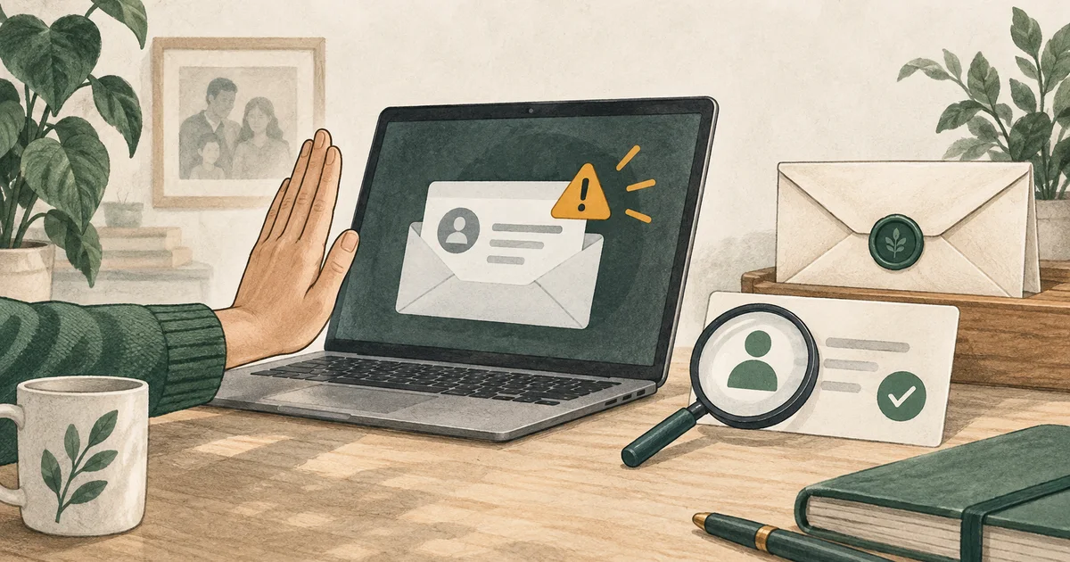 A hand signals stop beside a suspicious laptop message, with a verified contact card and a separate sealed recovery envelope
