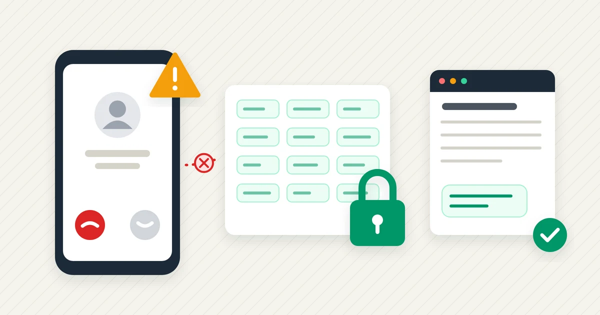A phone showing an incoming call with a warning sign, a locked recovery phrase card, and an official help center window with a check mark