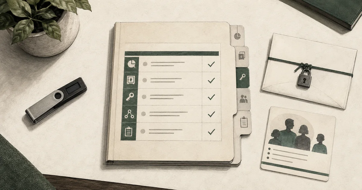 An asset inventory folder beside a hardware wallet, a sealed recovery envelope, and a family contact card