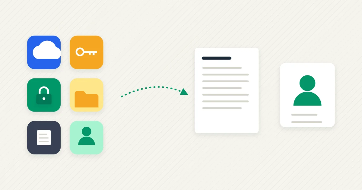 Six app tiles for cloud, passwords, files and contacts, leading to a document and a trusted person