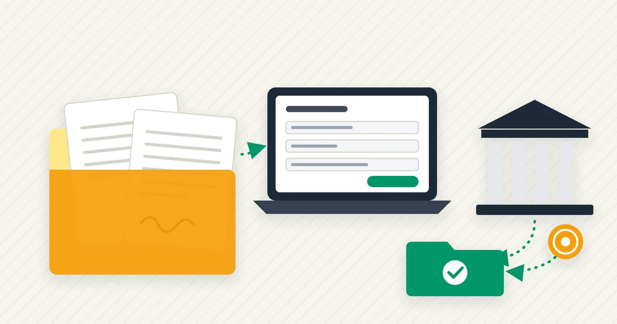 An estate document folder with a death certificate and letters of authority beside a laptop showing an exchange claim form