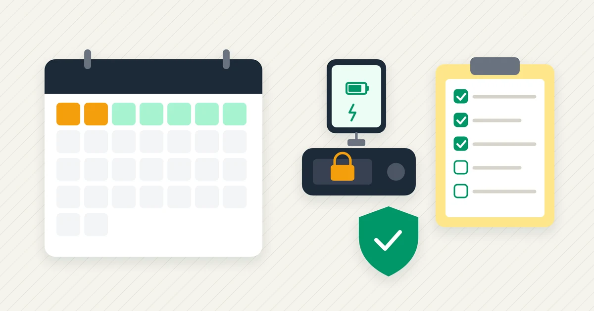 A 30-day calendar, a locked hardware wallet, a phone on a charger, and a family checklist on a desk