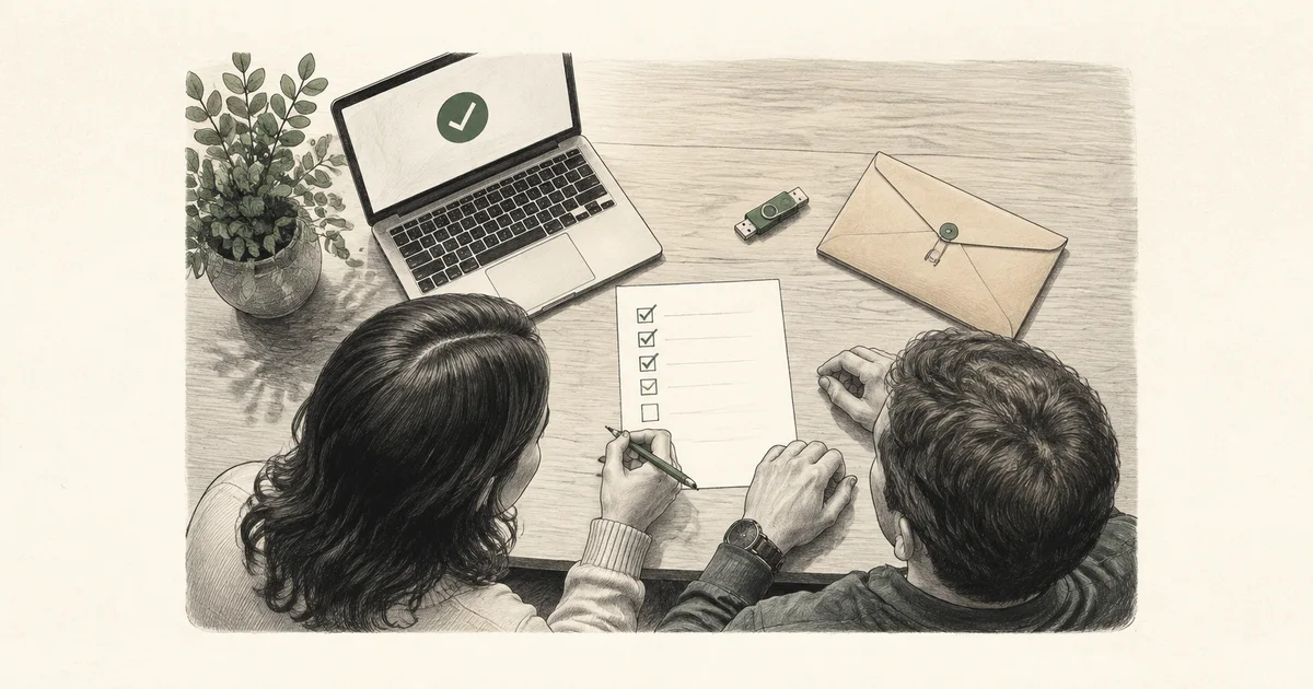 Two family members rehearse a recovery checklist beside a laptop, USB drive, and sealed instruction envelope