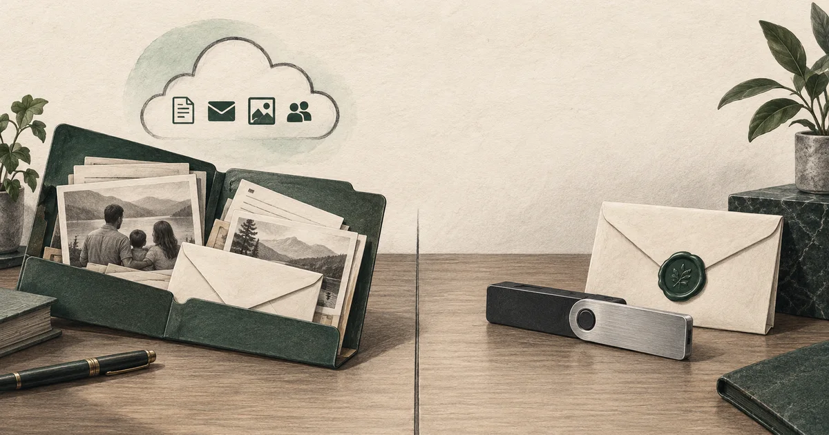 A folder of family photos and cloud-data symbols, separated from a hardware wallet and sealed recovery envelope