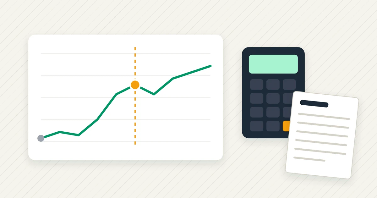 A price chart with a marked date-of-death point, beside a calculator, a tax form and an estate folder