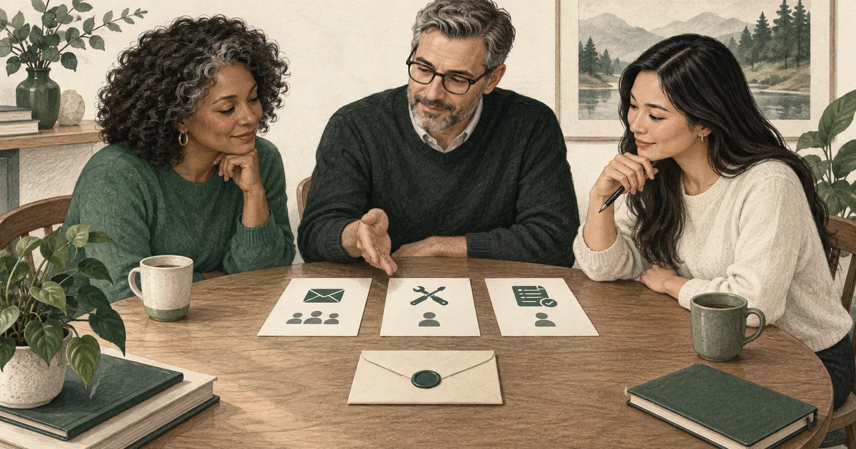 Three adults discuss notification, technical-help, and document roles while a recovery envelope remains sealed on the table