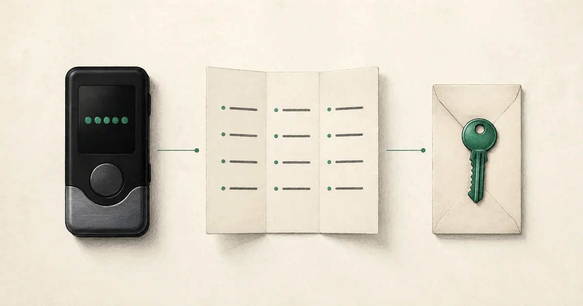Three distinct recovery items: a hardware wallet with PIN dots, a backup card, and a separate key on an envelope